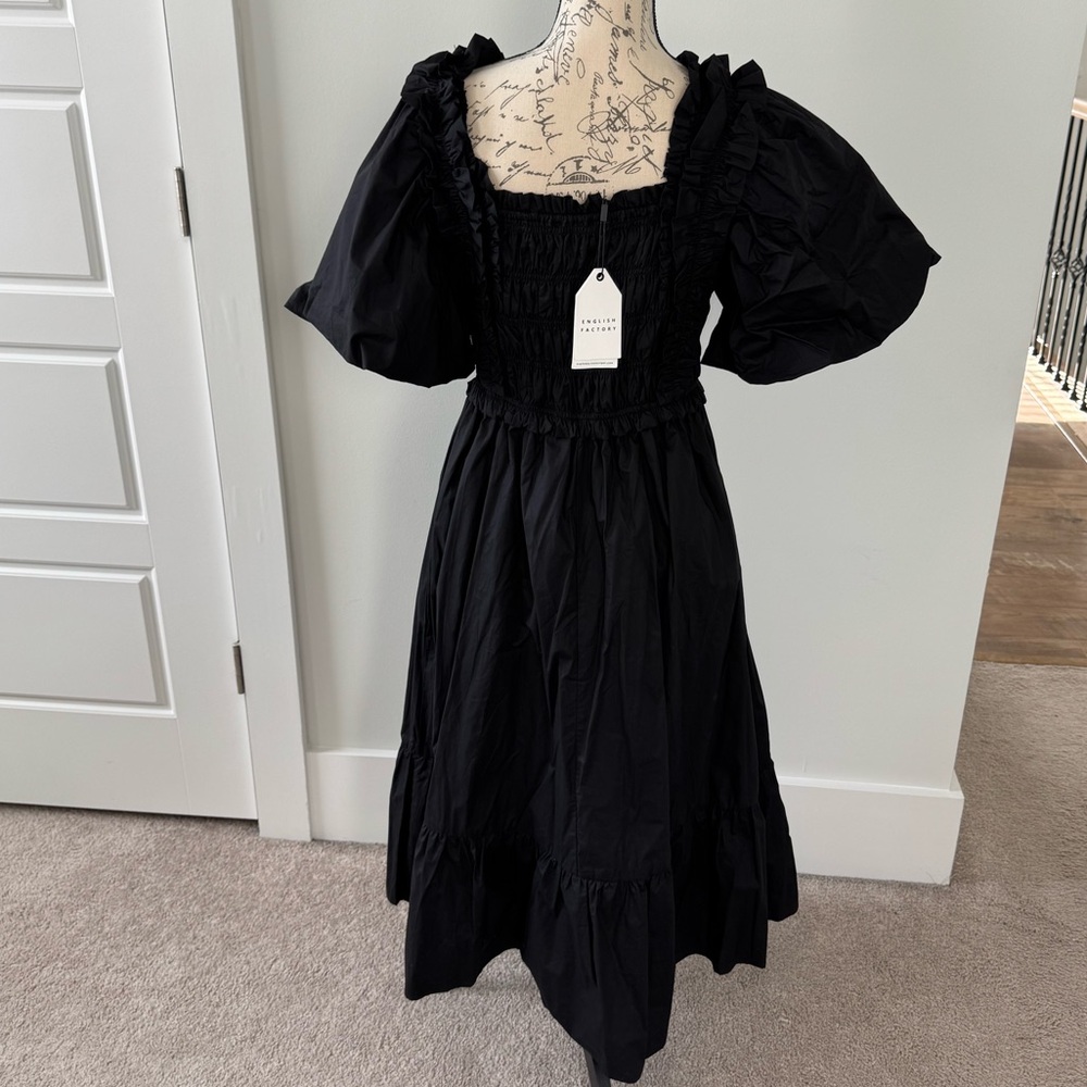 NWT English Factory Puff Sleeve Square Neck Smocked Midi Dress Black Size L - Picture 8 of 15